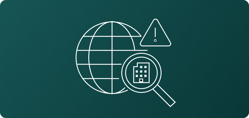 Global security and data protection icon with magnifying glass and warning sign.