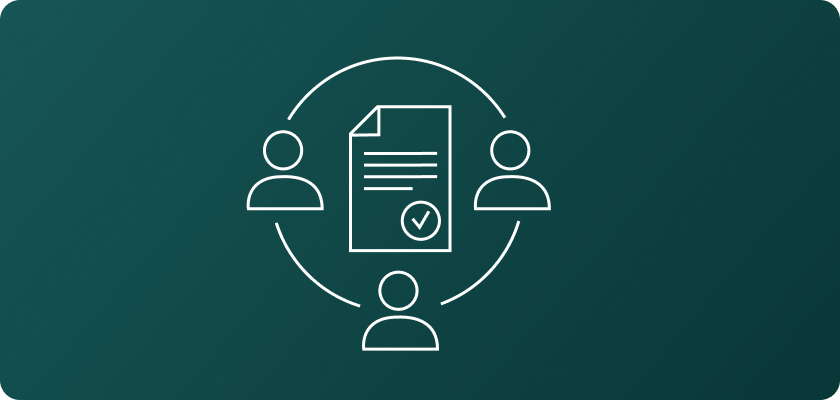 Illustration of three people around a document with a checkmark.