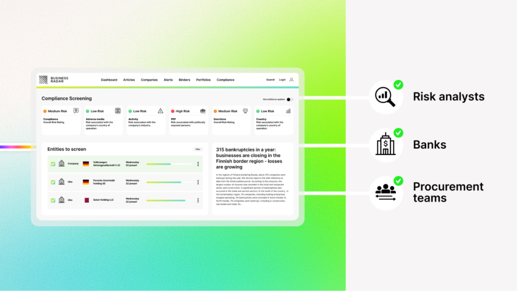 Business Radar dashboard showing risk analysis, banks, and procurement teams.