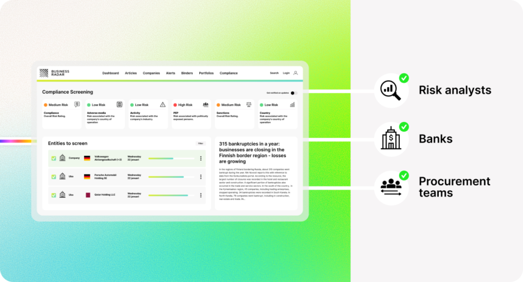 Business Radar compliance dashboard showing risk analysts, banks, and procurement teams.